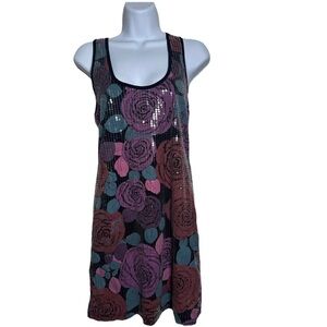 G By Guess Sequin Mini Tank Top Dress Flowers Floral Sz Large Party Sleeveless